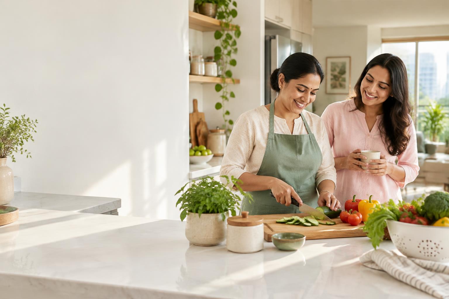 A home cook preparing a fresh meal with a homeowner in a bright kitchen