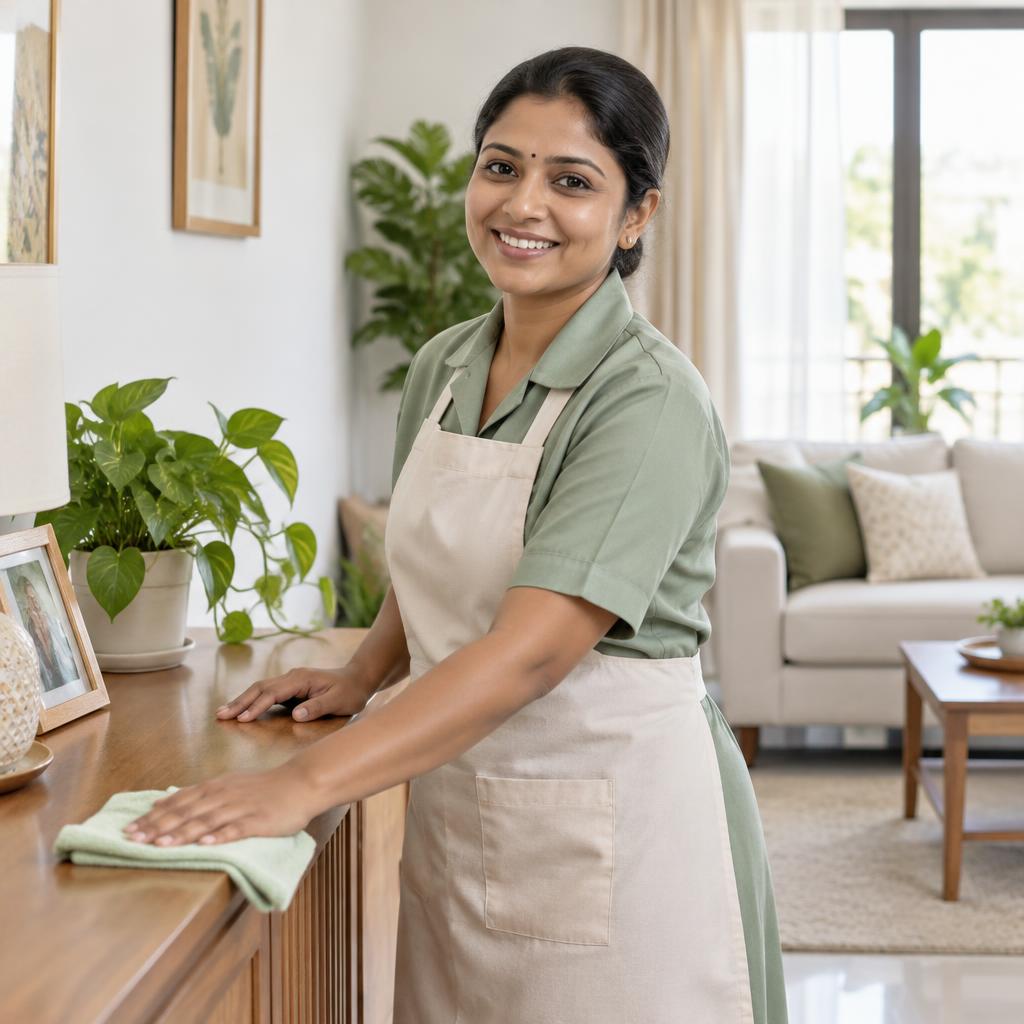 A home helper cleaning a bright living room
